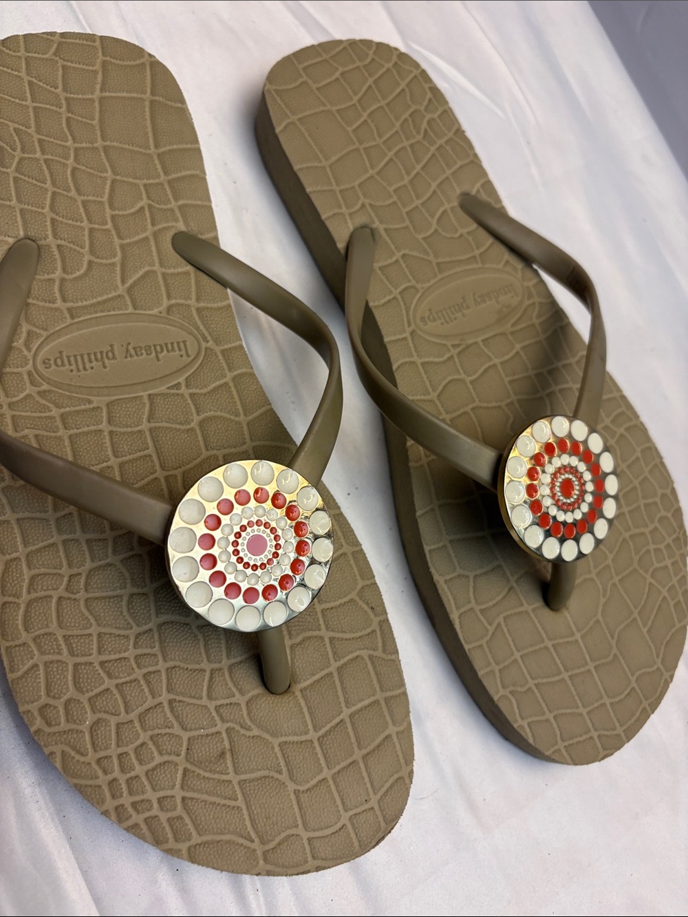 lindsay phillips Taupe Flip Flops with Red & Ivory Beaded Medallions